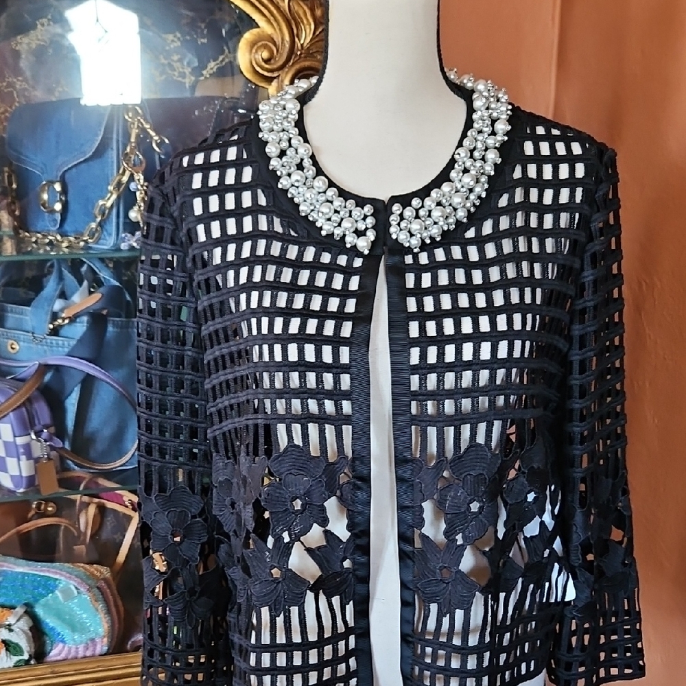 Joseph Ribkoff Mesh And Lace Overpiece With Pearl And Rhinestone Collar